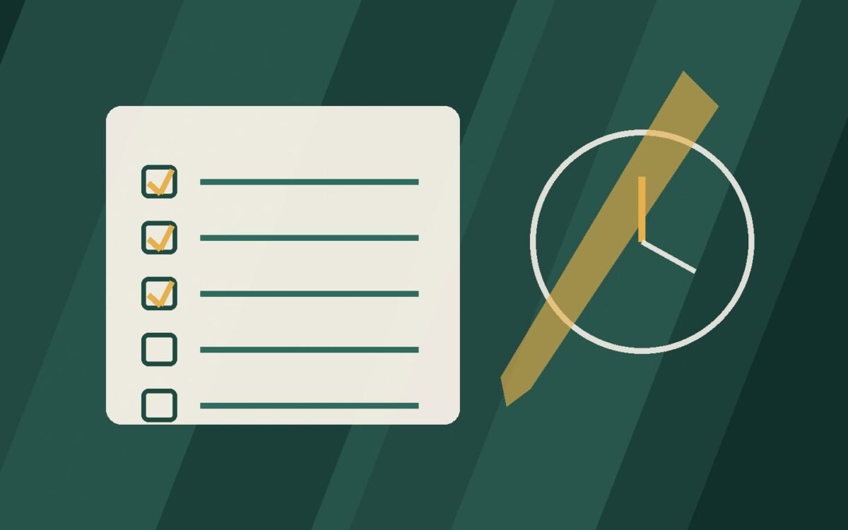 Editorial illustration of a checklist, pencil and clock.