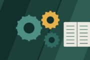 Editorial illustration of interlocking gears and an open notebook.