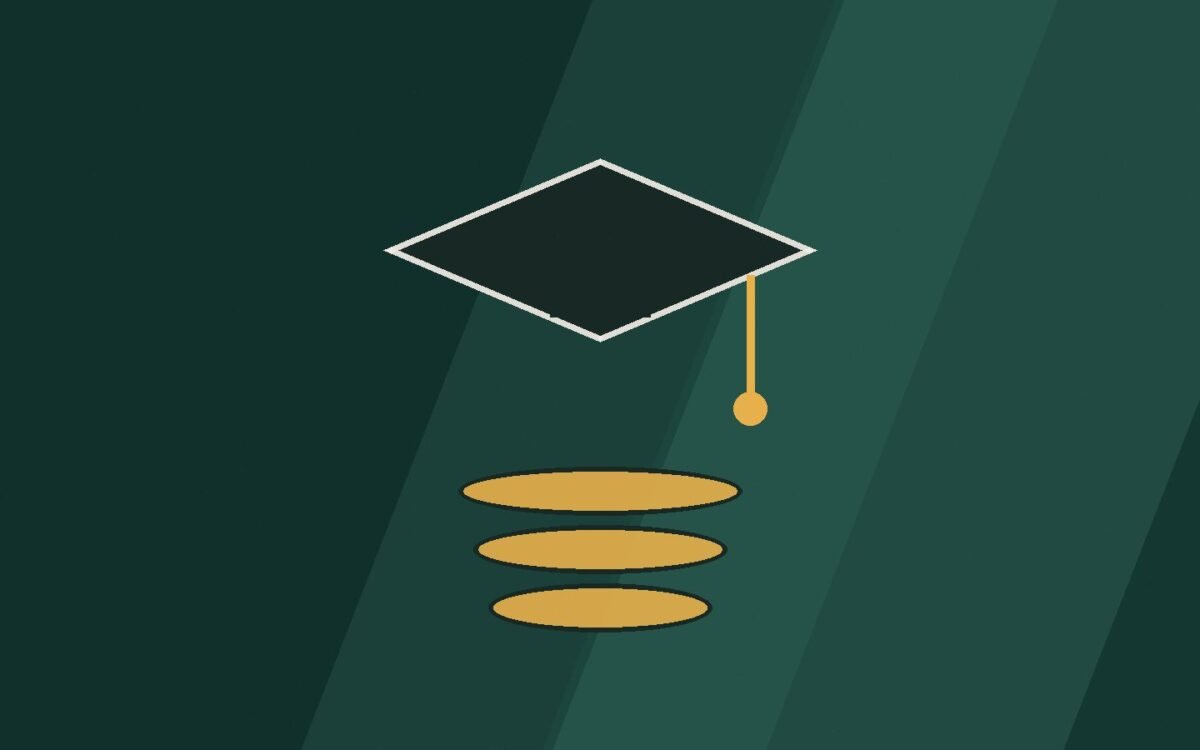 Editorial illustration of a graduation cap above a stack of coins.