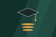 Editorial illustration of a graduation cap above a stack of coins.
