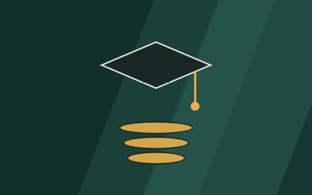 Editorial illustration of a graduation cap above a stack of coins.