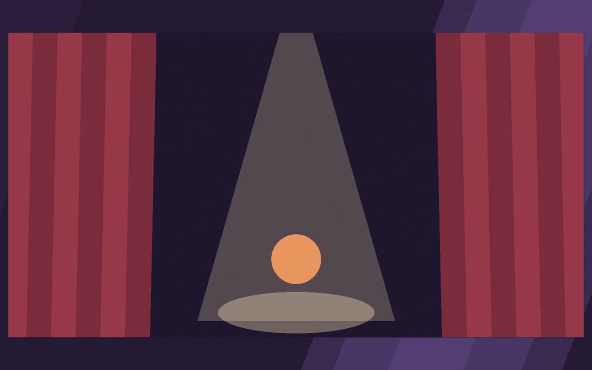 Editorial illustration of stage curtains and a spotlight.