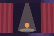 Editorial illustration of stage curtains and a spotlight.