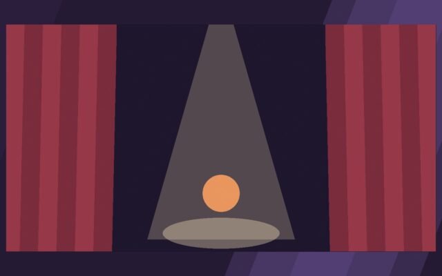 Editorial illustration of stage curtains and a spotlight.