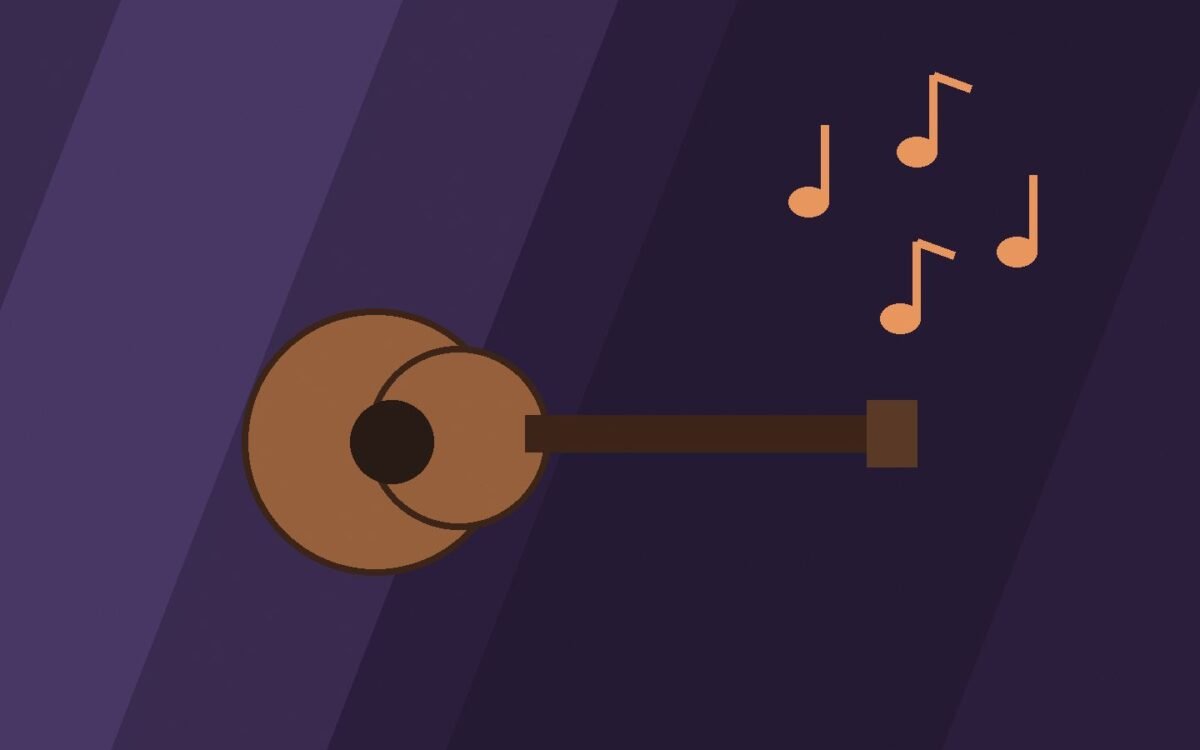 Editorial illustration of a guitar silhouette with floating notes.