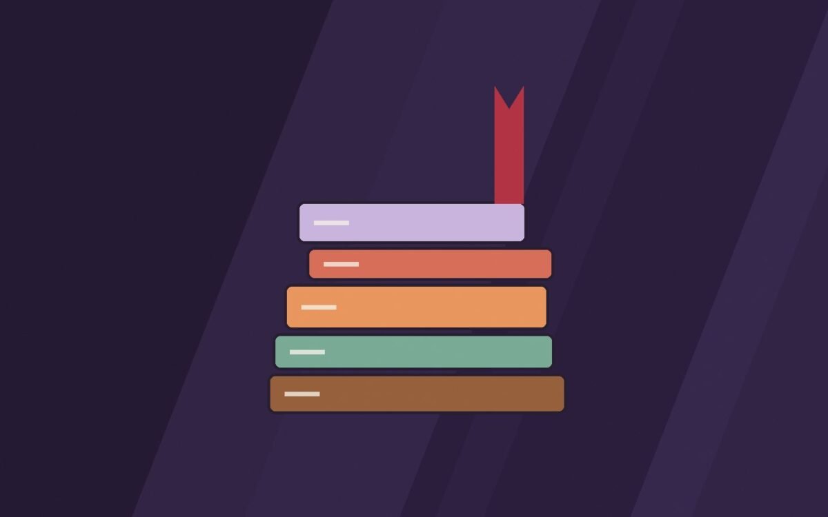 Editorial illustration of stacked books with a bookmark ribbon.