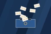 Editorial illustration of ballot slips falling toward a ballot box, in blue and red tones.