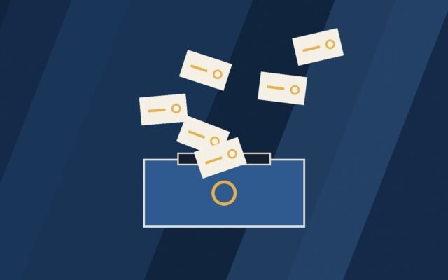 Editorial illustration of ballot slips falling toward a ballot box, in blue and red tones.