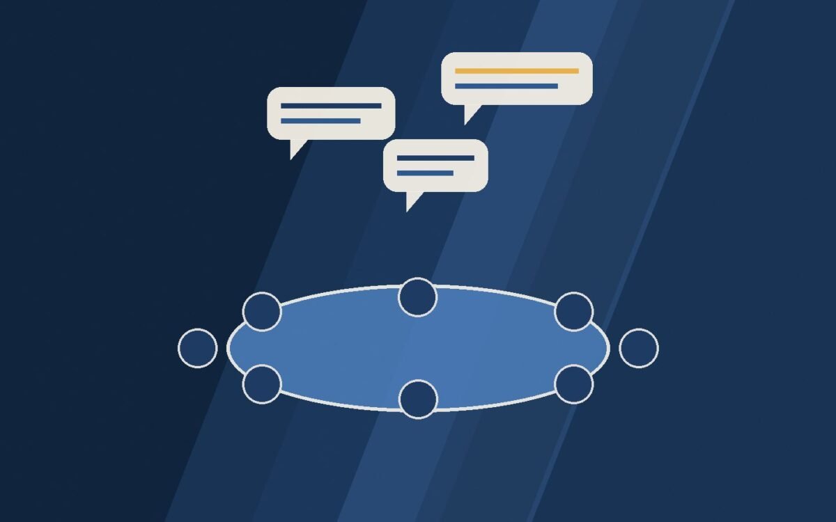 Editorial illustration of a round table with speech bubbles rising above it.