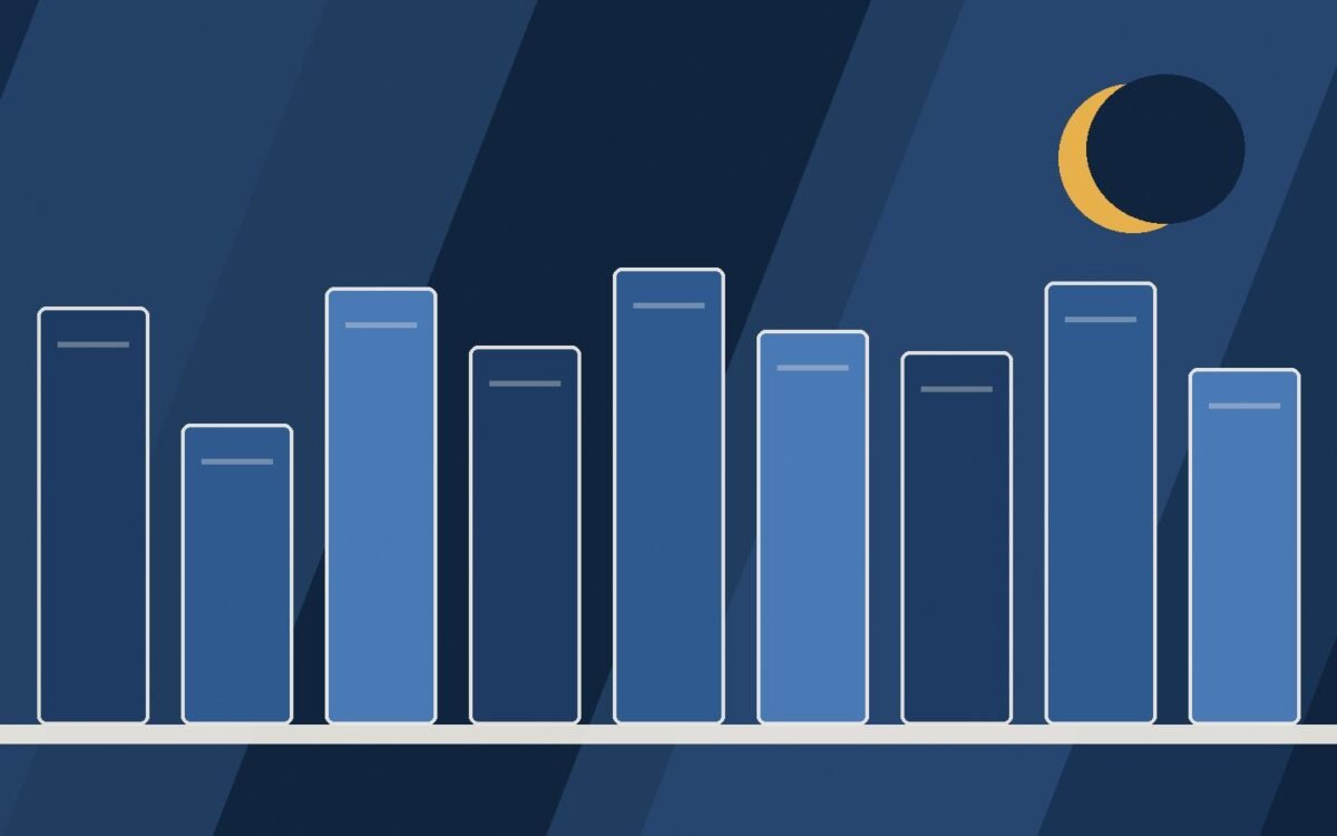 Editorial illustration of tall book spines under a crescent moon and lamp light.