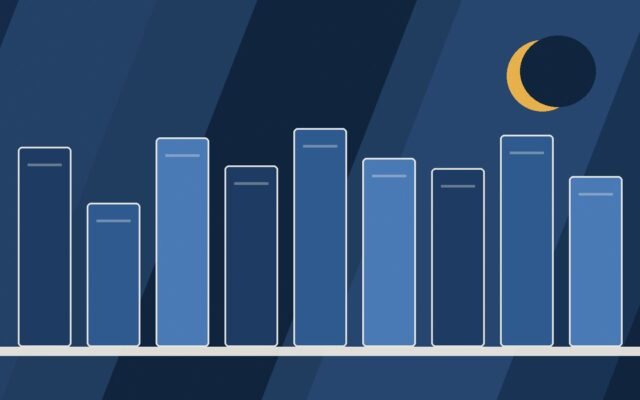 Editorial illustration of tall book spines under a crescent moon and lamp light.