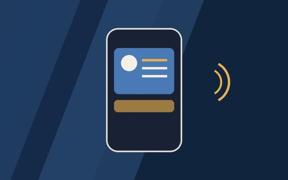 Editorial illustration of a smartphone displaying an abstract ID card.