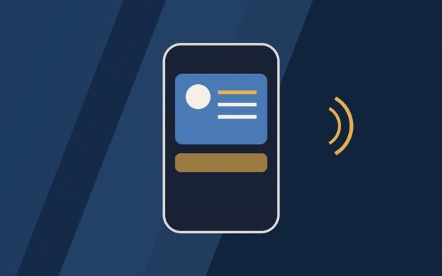 Editorial illustration of a smartphone displaying an abstract ID card.