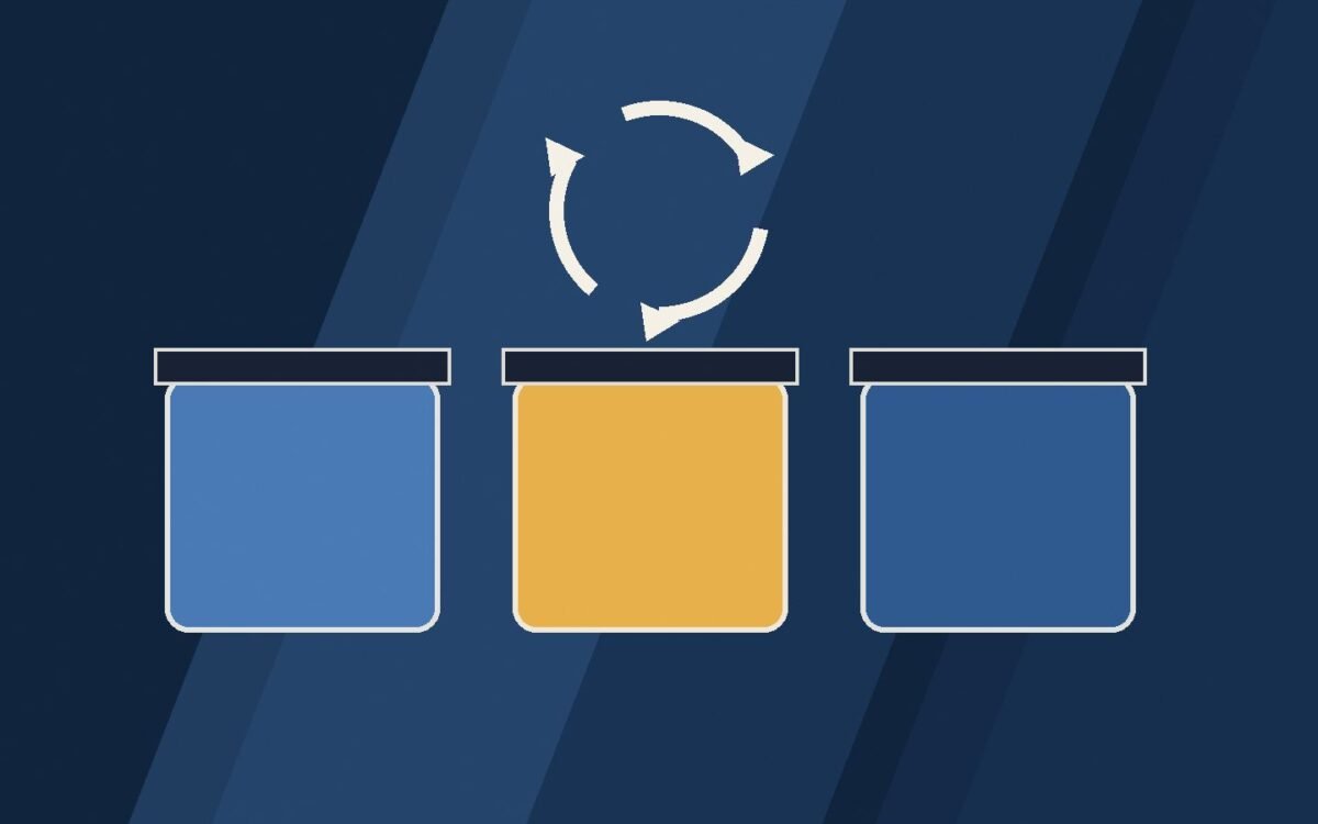 Editorial illustration of three sorting bins with circular arrows.