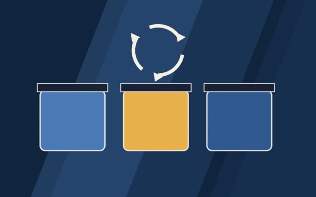 Editorial illustration of three sorting bins with circular arrows.