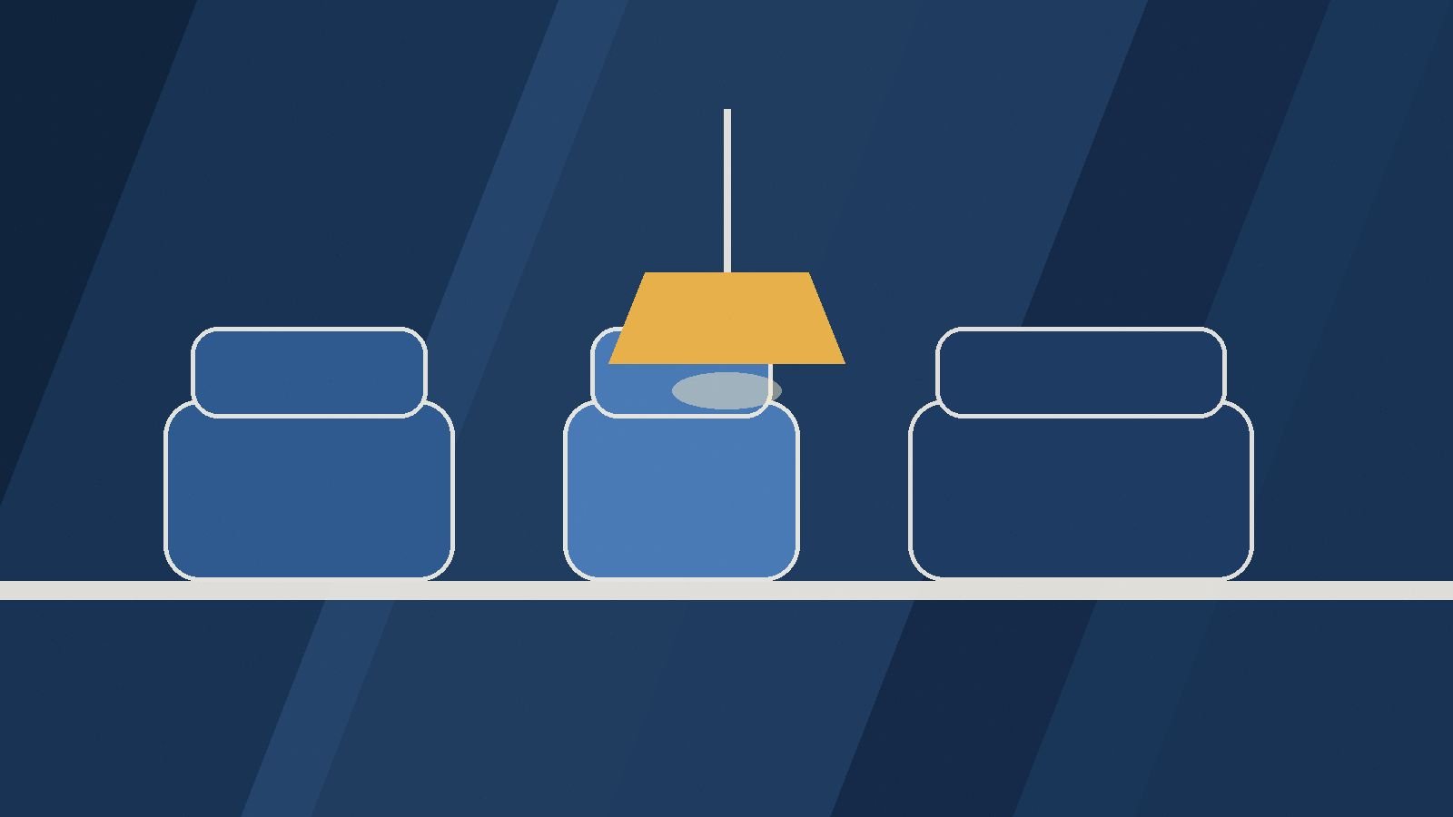 Editorial illustration of armchairs and warm lamps.