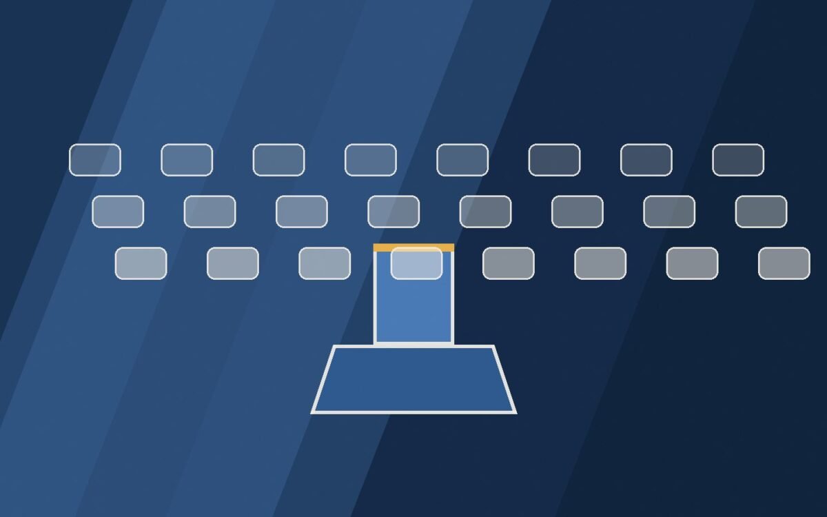 Editorial illustration of a podium and rows of abstract seats.