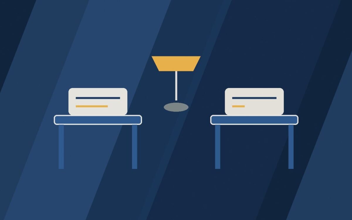 Editorial illustration of two desks facing each other with a shared lamp.