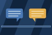 Editorial illustration of two opposing speech bubbles on a stage.