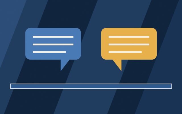 Editorial illustration of two opposing speech bubbles on a stage.