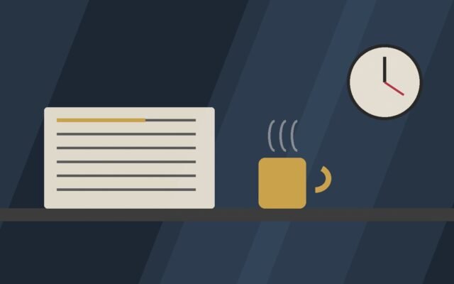 Editorial illustration of a desk with proofs, coffee and a wall clock.
