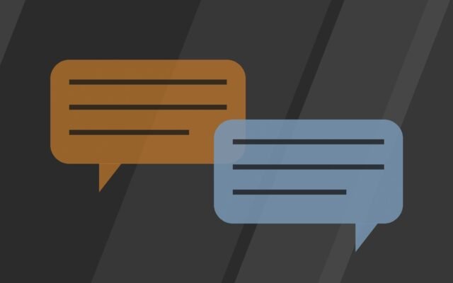 Editorial illustration of overlapping speech bubbles in two colours.