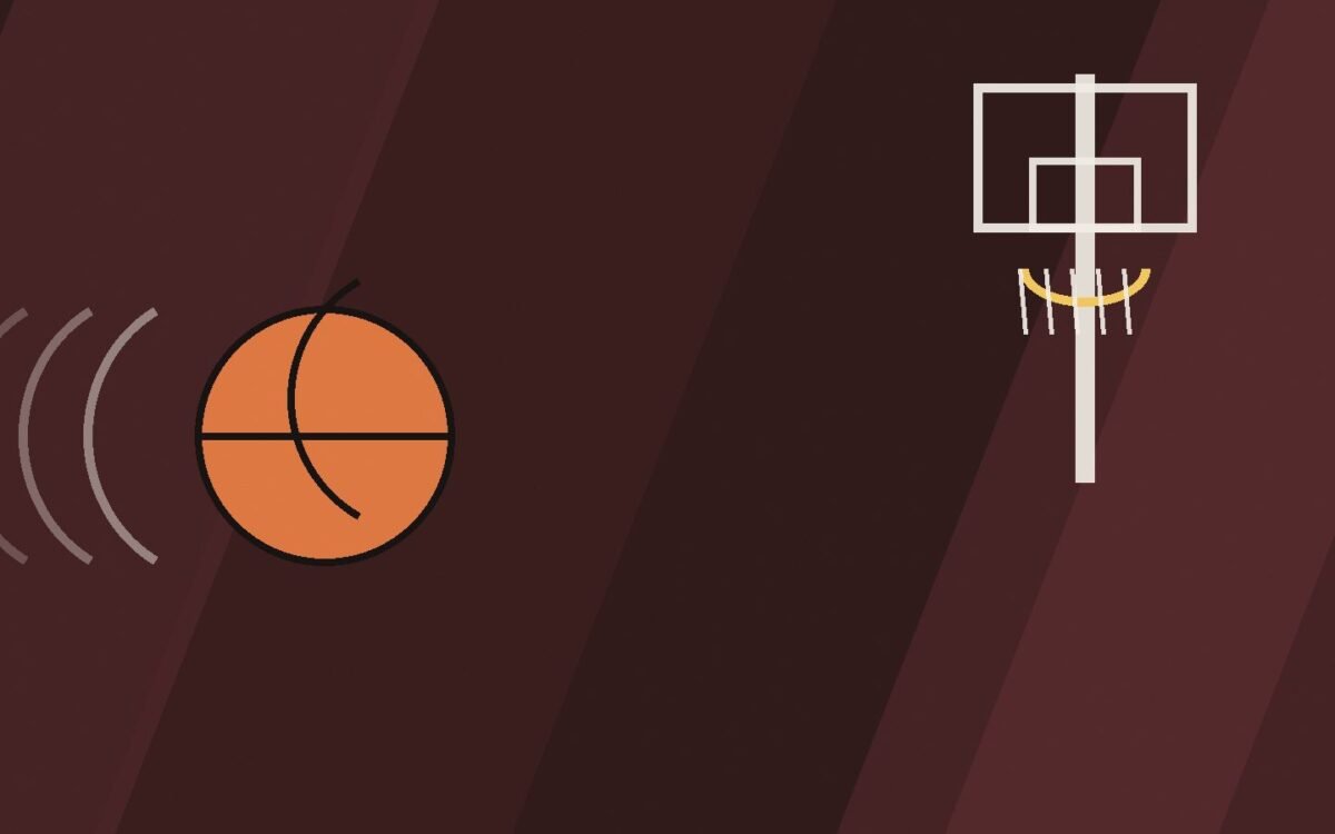 Editorial illustration of a basketball rising toward a hoop.