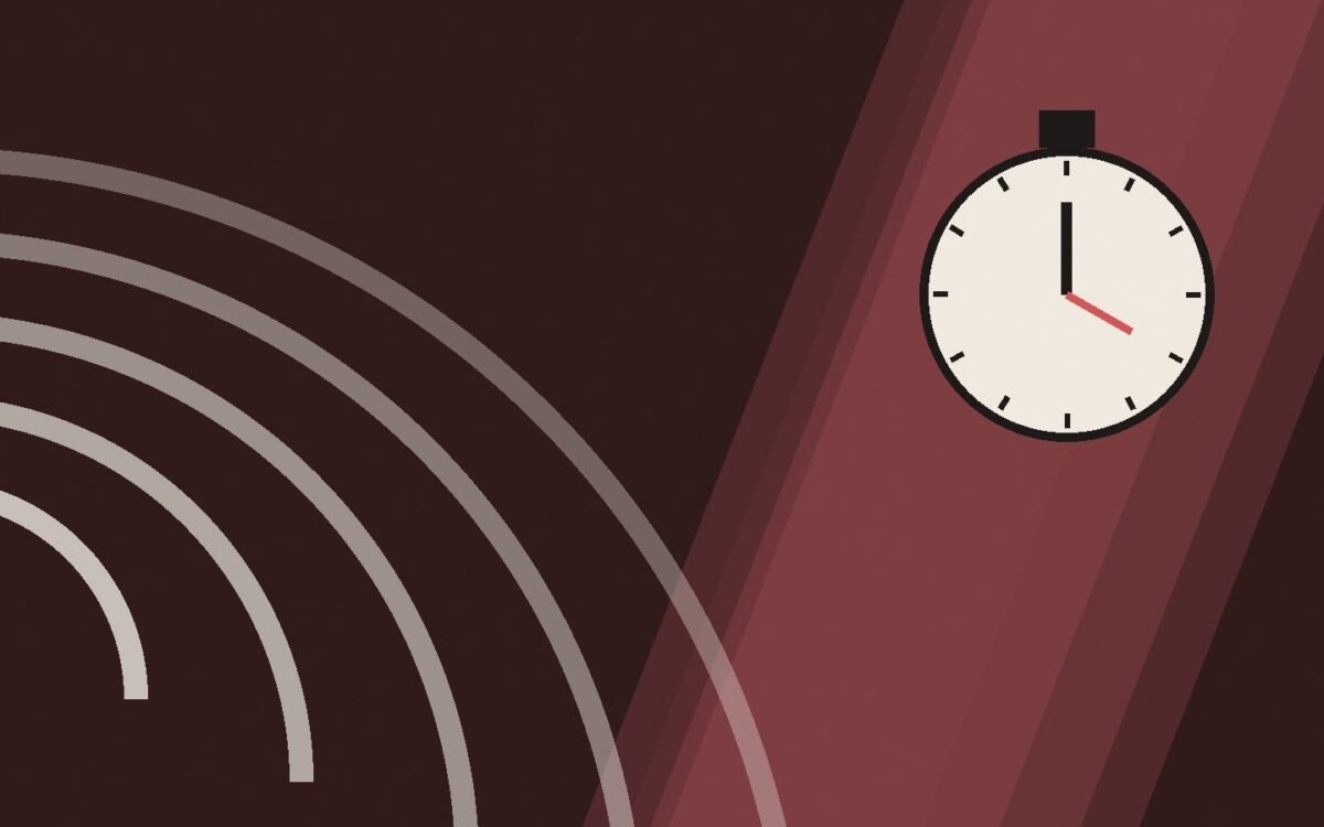 Editorial illustration of curved running lanes with a stopwatch.