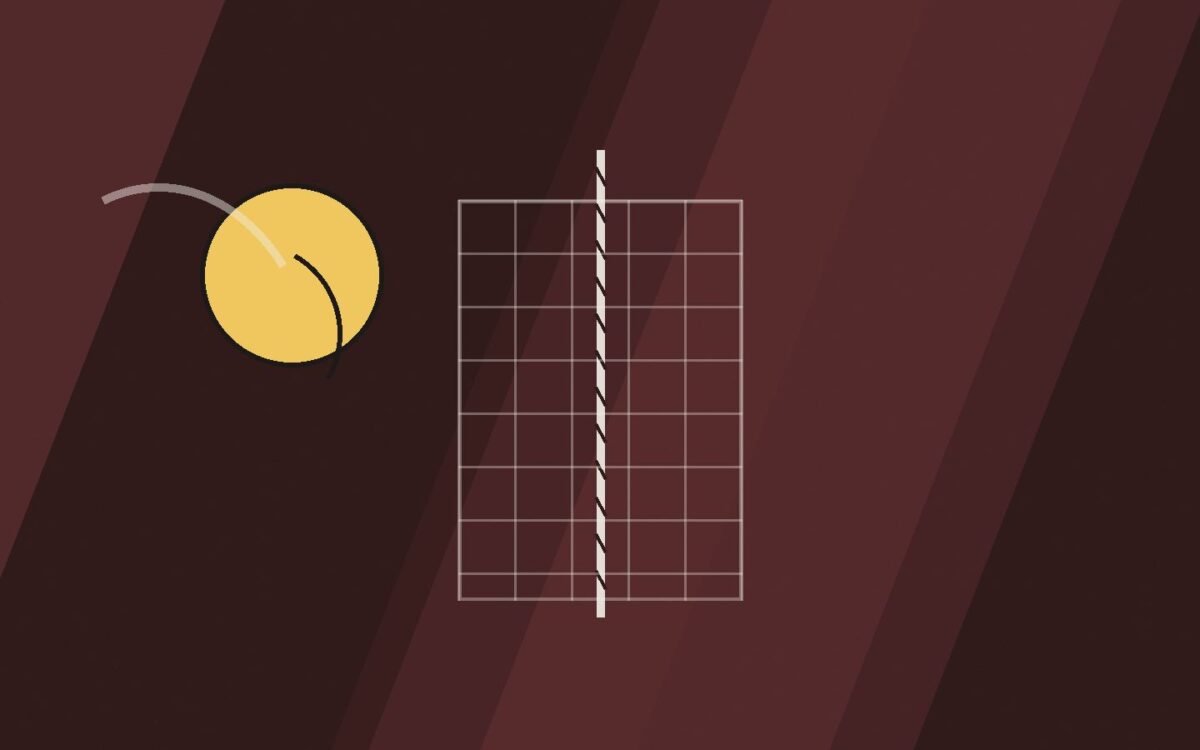 Editorial illustration of a ball arcing over a net.