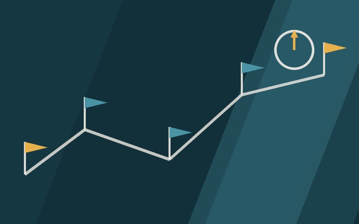 Editorial illustration of a winding path with flags and a compass.