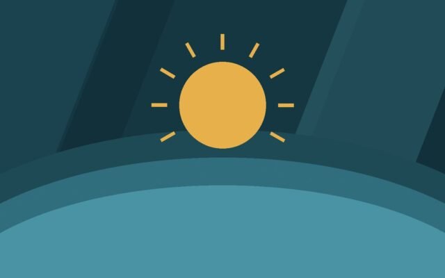 Editorial illustration of a sunrise over calm layered hills.