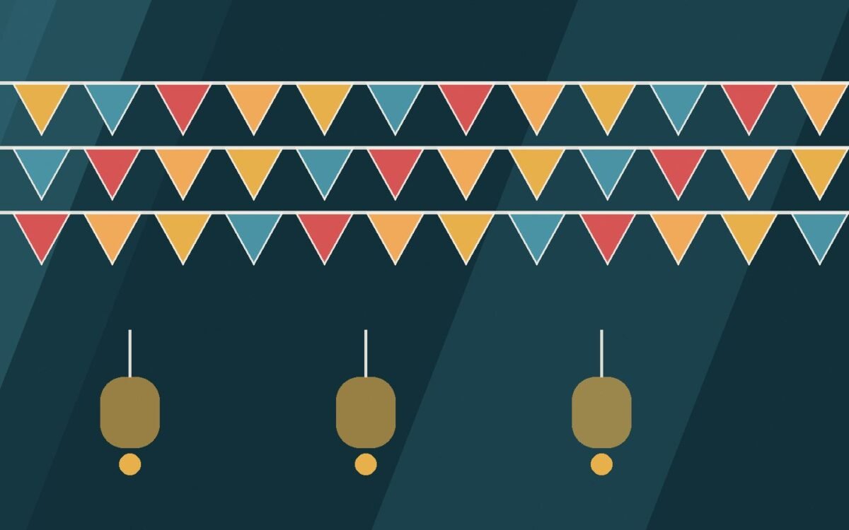 Editorial illustration of colourful bunting and lanterns.