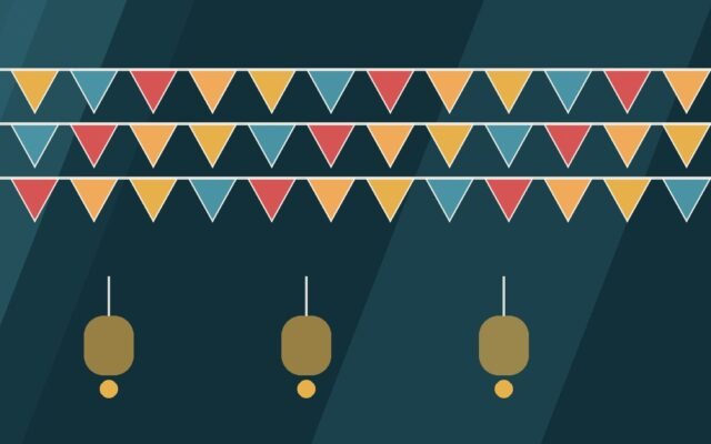 Editorial illustration of colourful bunting and lanterns.